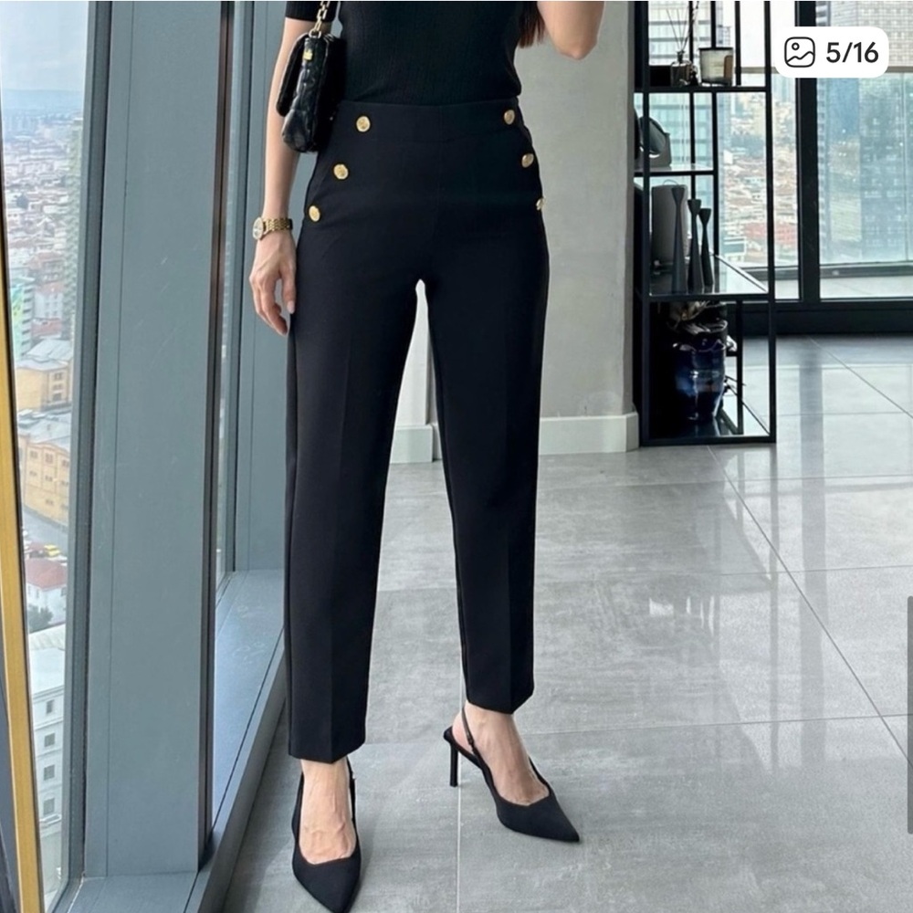 Chic High-Waisted Pants with Gold Button Accents